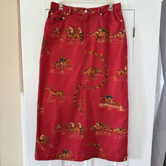 Ralph Lauren Dresses & Skirts - Vintage Ralph Lauren Skirt Horse Print Red Denim Long Women's Size 12 80s 90s